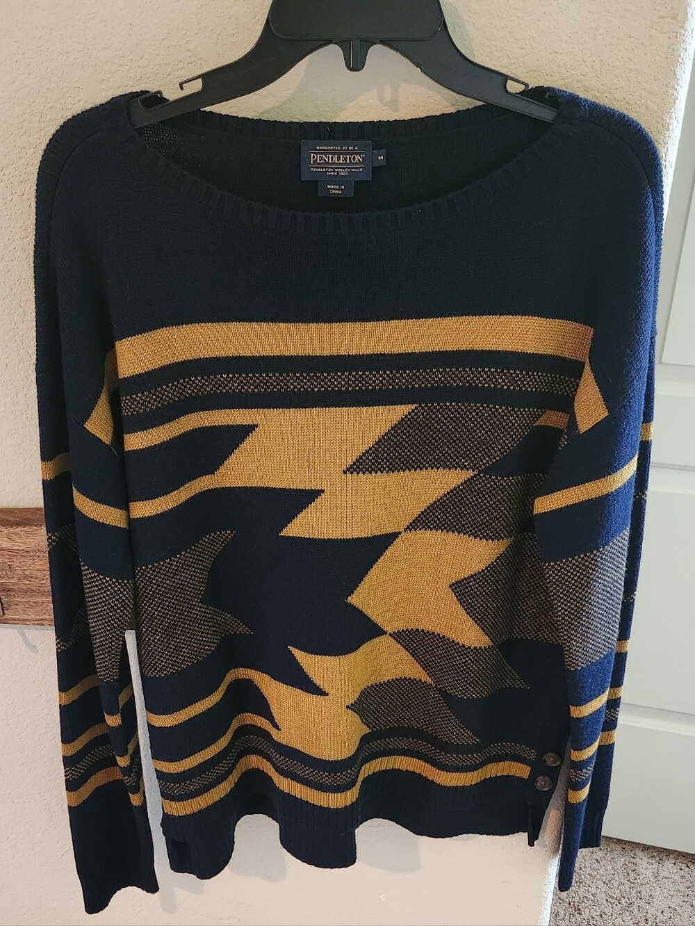 Pendleton Women's Side Button Merino Navy and Mustard Crewneck Patterned Sweater